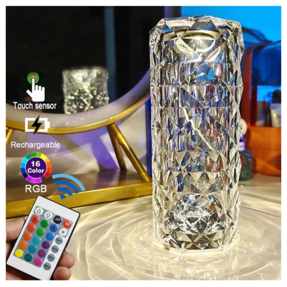 LED Rose Diamond Crystal Table Lamp – 16-Color Touch & Remote Control, USB Rechargeable Mood Light for Bedroom, Living Room & Party Decor