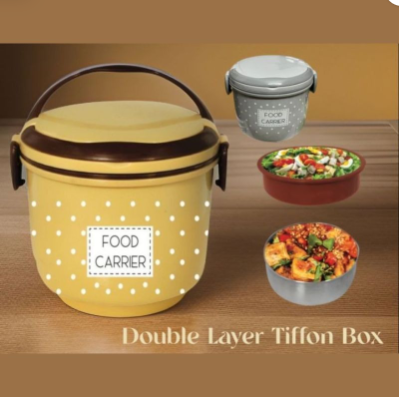 2-in-1 Dotted Thermal Lunch Box with Mini Steel Container – Portable Round Food Carrier Tiffin Box