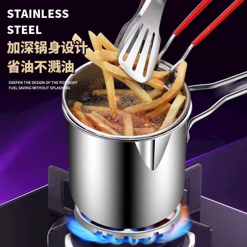 Stainless Steel Oil Frying Pot with Strainer Basket – 1200ml Deep Fryer Pan with Oil Filter for Chips, Fries & Chicken – Oil Drainer Basket Set – Gas & Induction Compatible